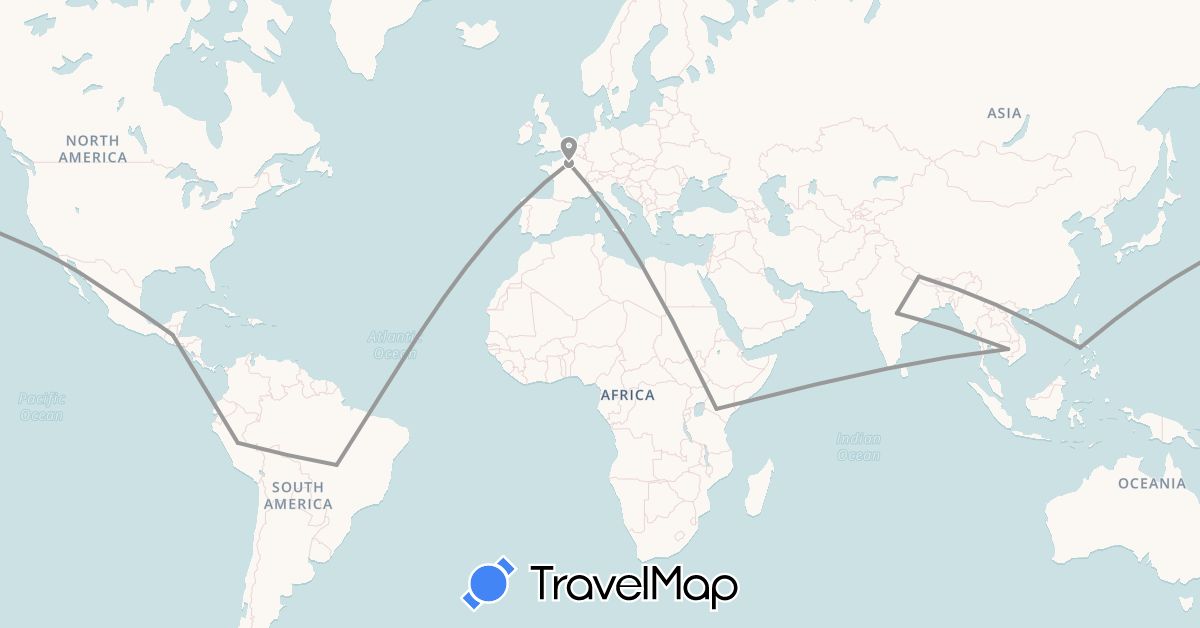 TravelMap itinerary: plane in Brazil, France, Guatemala, Indonesia, India, Kenya, Mexico, Nepal, Peru (Africa, Asia, Europe, North America, South America)